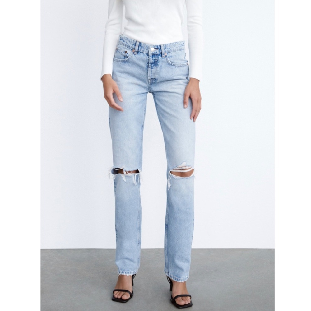 Mid Rise Ripped Straight Jeans